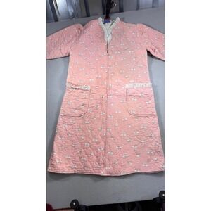 Vintage Lanz of Salzburg Quilted Robe Pink Bird Floral Eyelet Lace Zip Front M
